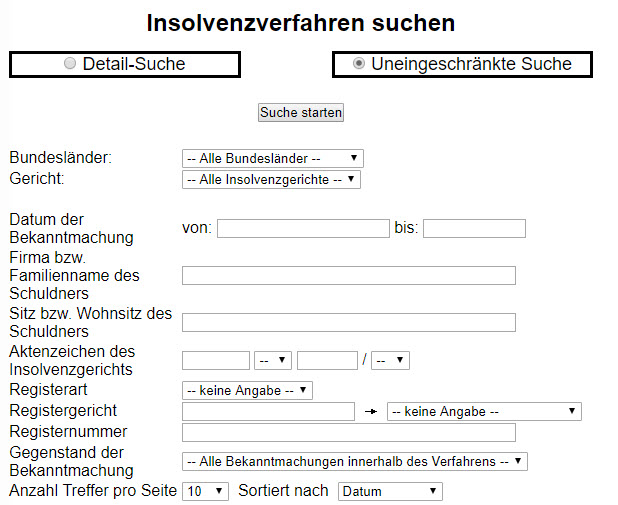 Suchmaske Insolvenzbekanntmachungen