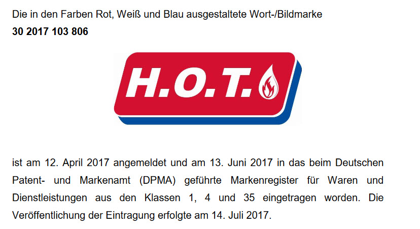 Markenwiderspruch zu H.O.T.