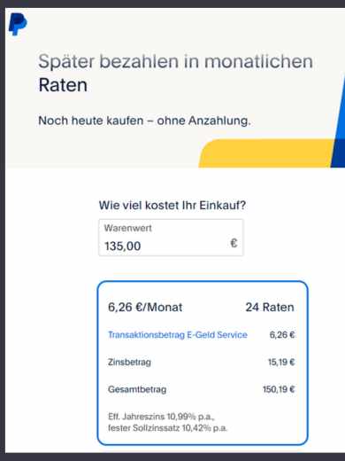 PayPal Rechner zur Ratenzahlung