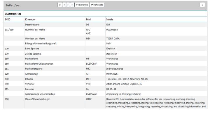DPMAregister Eintrag zu einer Marke