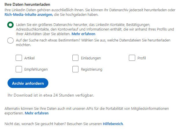 Export Auswahl der Linkedin Daten